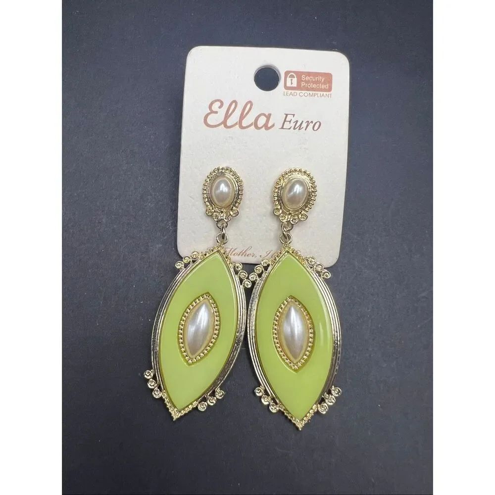 New! Ella Euro Green Marquise Gold Tone Faux Pearl Earrings